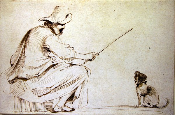 Siedzący mężczyzna tresujący psa (pióro i brązowy tusz oraz pranie na papierze) autorstwa Guercino