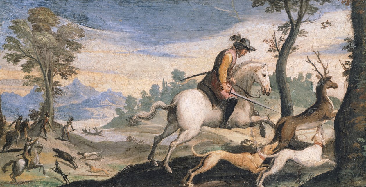 Polowanie na jelenie i dziki, autorstwa Giovanniego Francesco Barbieri, znanego jako Guercino (1591-1666), fresk, 53x101 cm autorstwa Guercino
