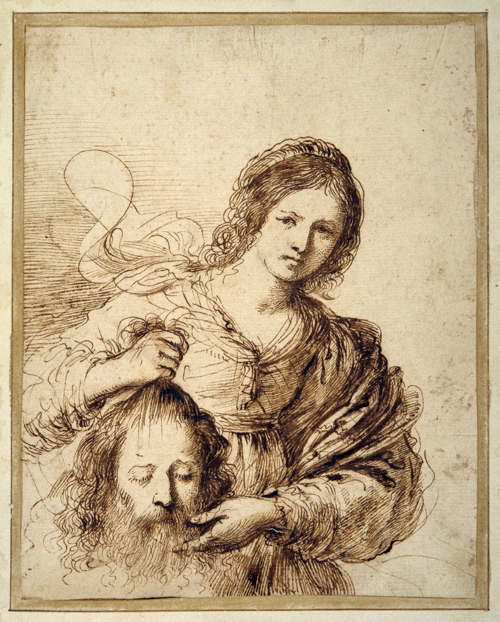 Judyta z głową Holofernesa (pióro i brązowy tusz na kremowym papierze) autorstwa Guercino (1591 1666)