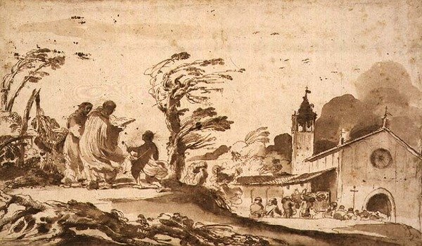 PD.1-1987 Pejzaż z konduktem żałobnym (tusz i wash) autorstwa Guercino