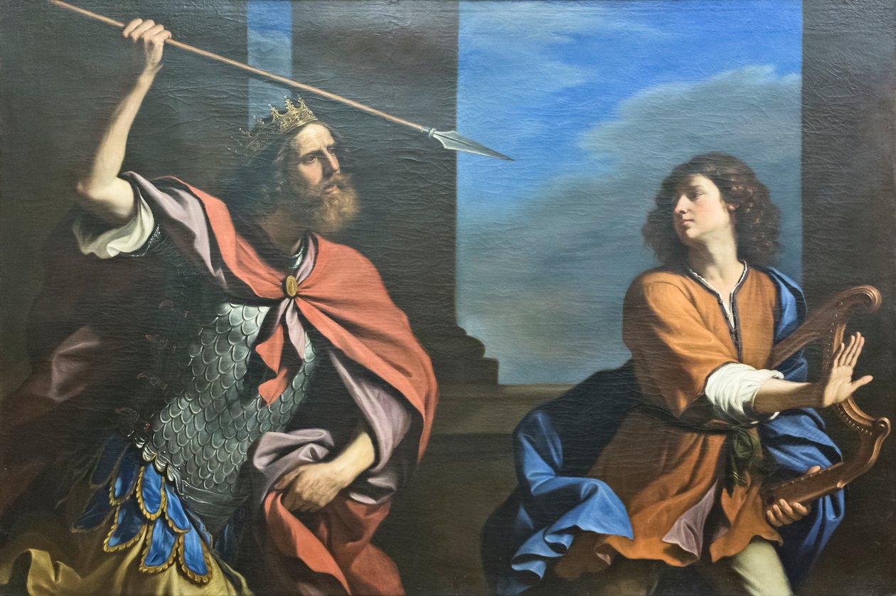 Saul próbuje zabić Dawida włócznią autorstwa Guercino (1591 1666)