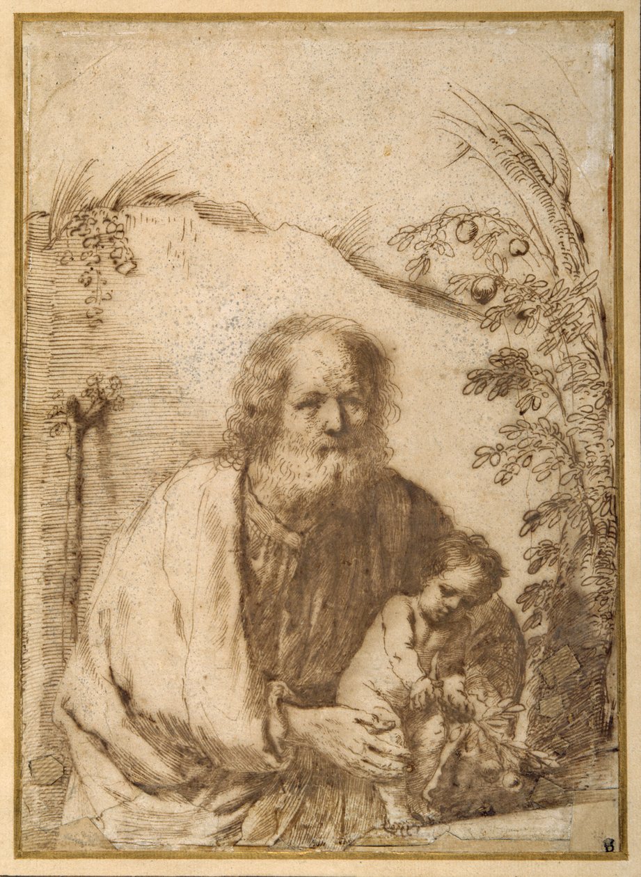 Św. Józef i Dzieciątko Chrystus chwytające gałązkę jabłoni (pióro i atrament na papierze) autorstwa Guercino