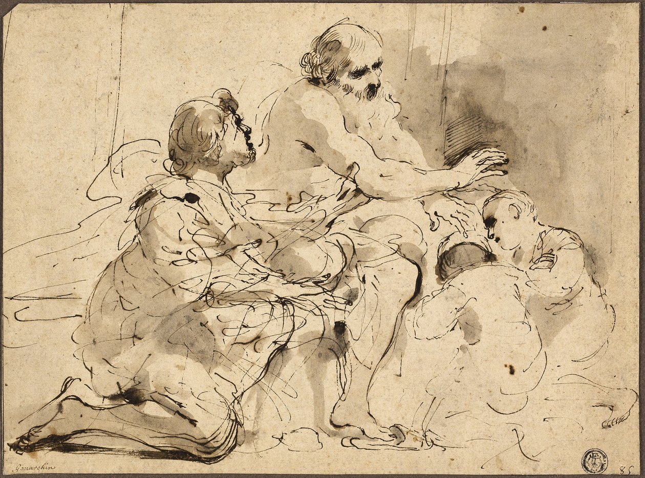 Studium Jakuba błogosławiącego synów Józefa, ok. 1620 (pióro i brązowy tusz z pędzlem, szarym i brązowym praniem) autorstwa Guercino (1591 1666)