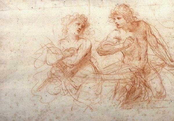 Studium nagiego mężczyzny i kobiety (czerwona kreda) autorstwa Guercino