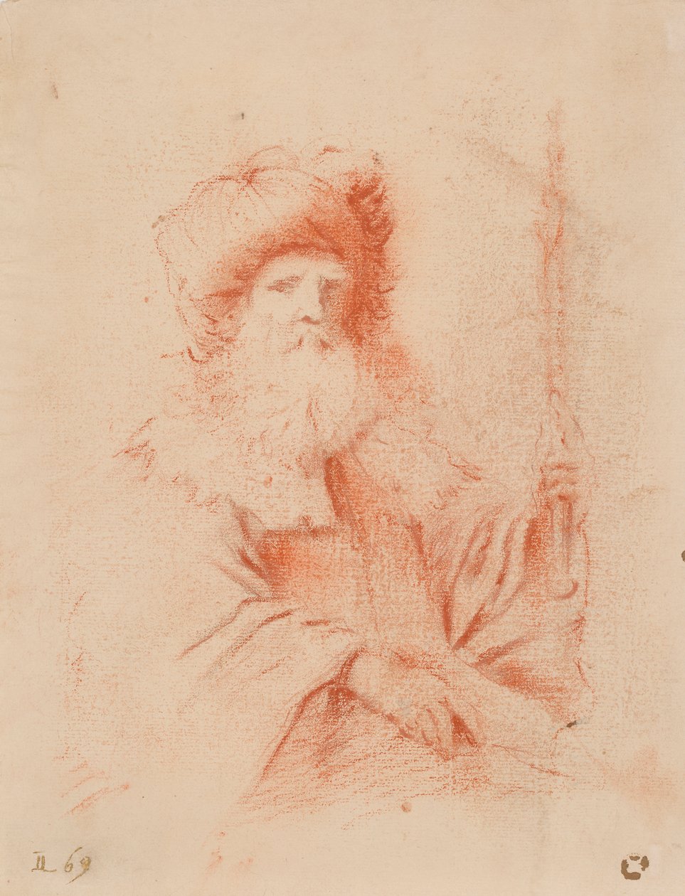 Szkic brodatego mężczyzny w turbanie (czerwona kreda na papierze) autorstwa Guercino