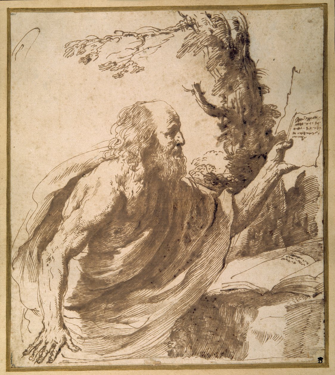 Święty czytanie na pustyni (pióro i atrament na papierze) autorstwa Guercino