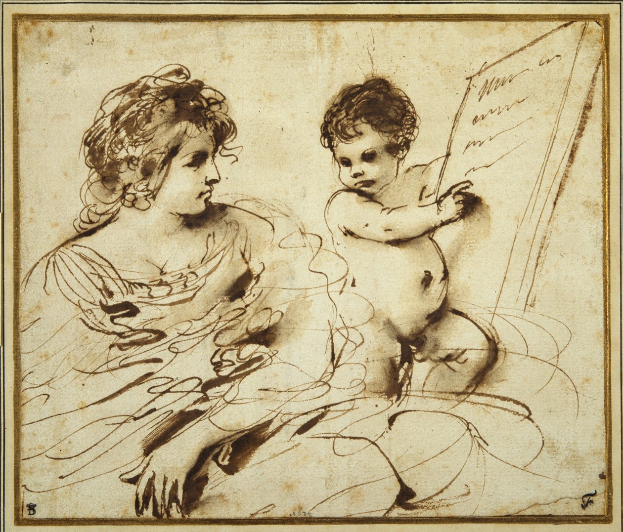 Siedząca Sybilla w towarzystwie putta trzymającego dużą tabliczkę z napisem (pióro i brązowy tusz z wash on paper) autorstwa Guercino
