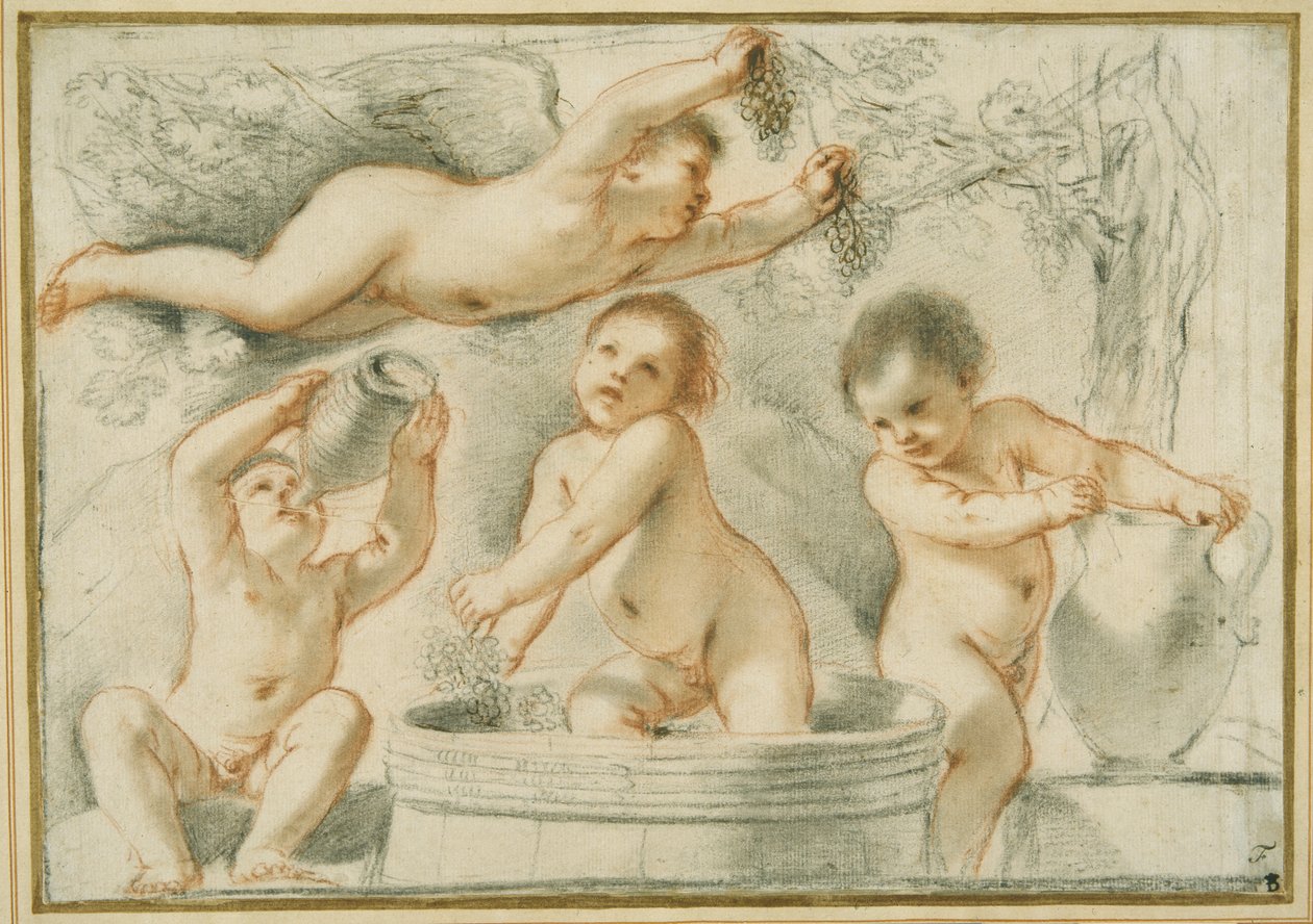 Alegoria winiarstwa (czerwone i czarne kredki z tuszem na papierze) autorstwa Guercino