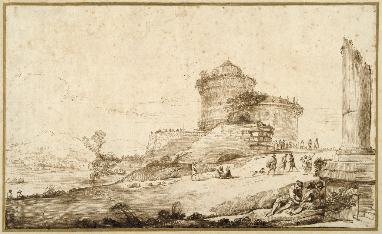 Pejzaż ze złamaną kolumną, zamkiem i licznymi postaciami na pierwszym planie po prawej (pióro i atrament na papierze) autorstwa Guercino
