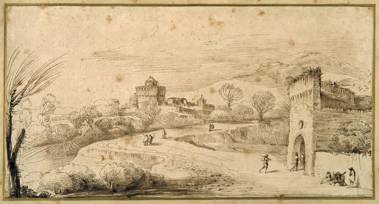 Krajobraz ze stróżówką z blankami i krętą drogą (pióro i atrament na papierze) autorstwa Guercino