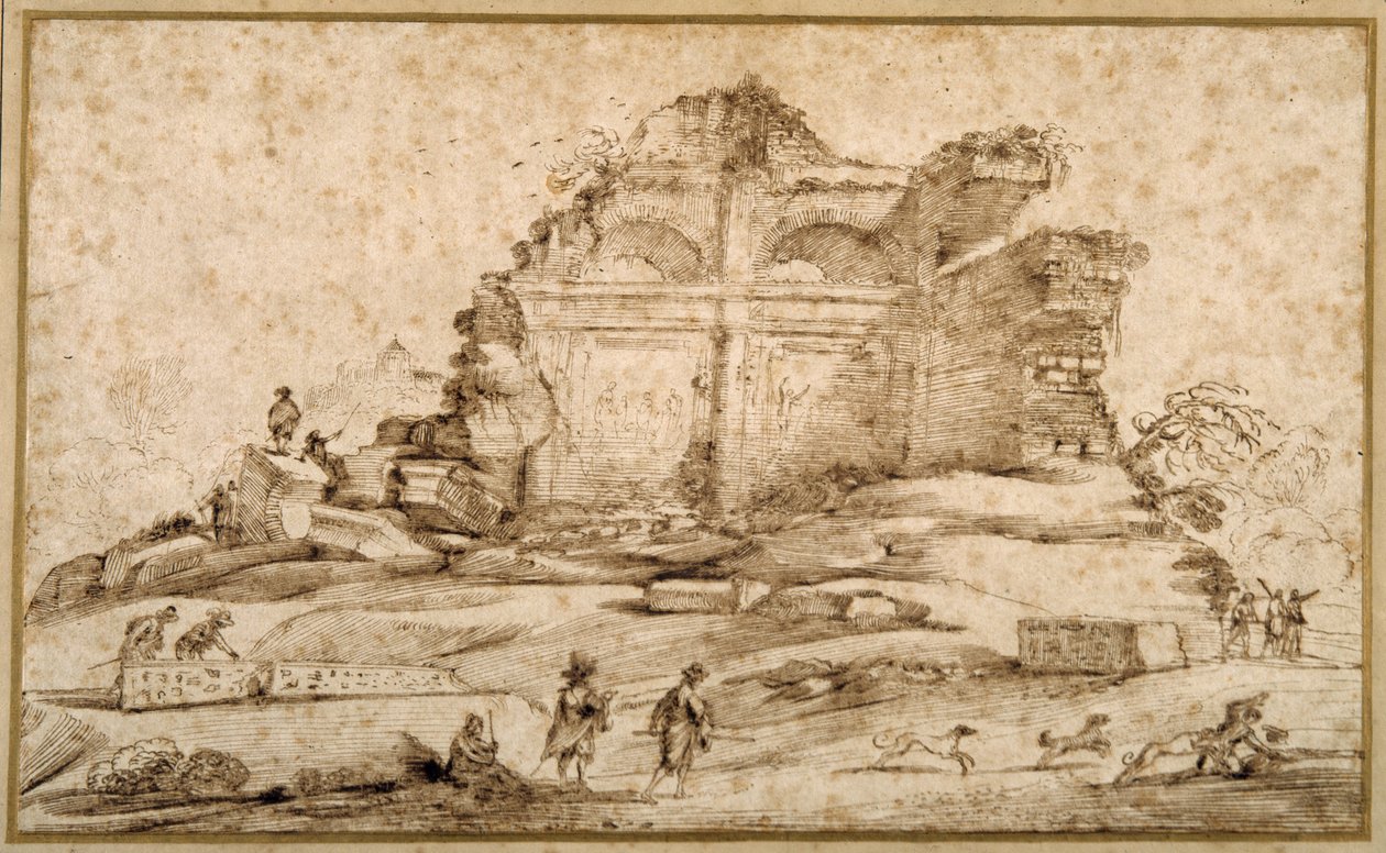 Krajobraz z klasycznymi ruinami i młodzieżą zaatakowaną przez psy (pióro i atrament na papierze) autorstwa Guercino