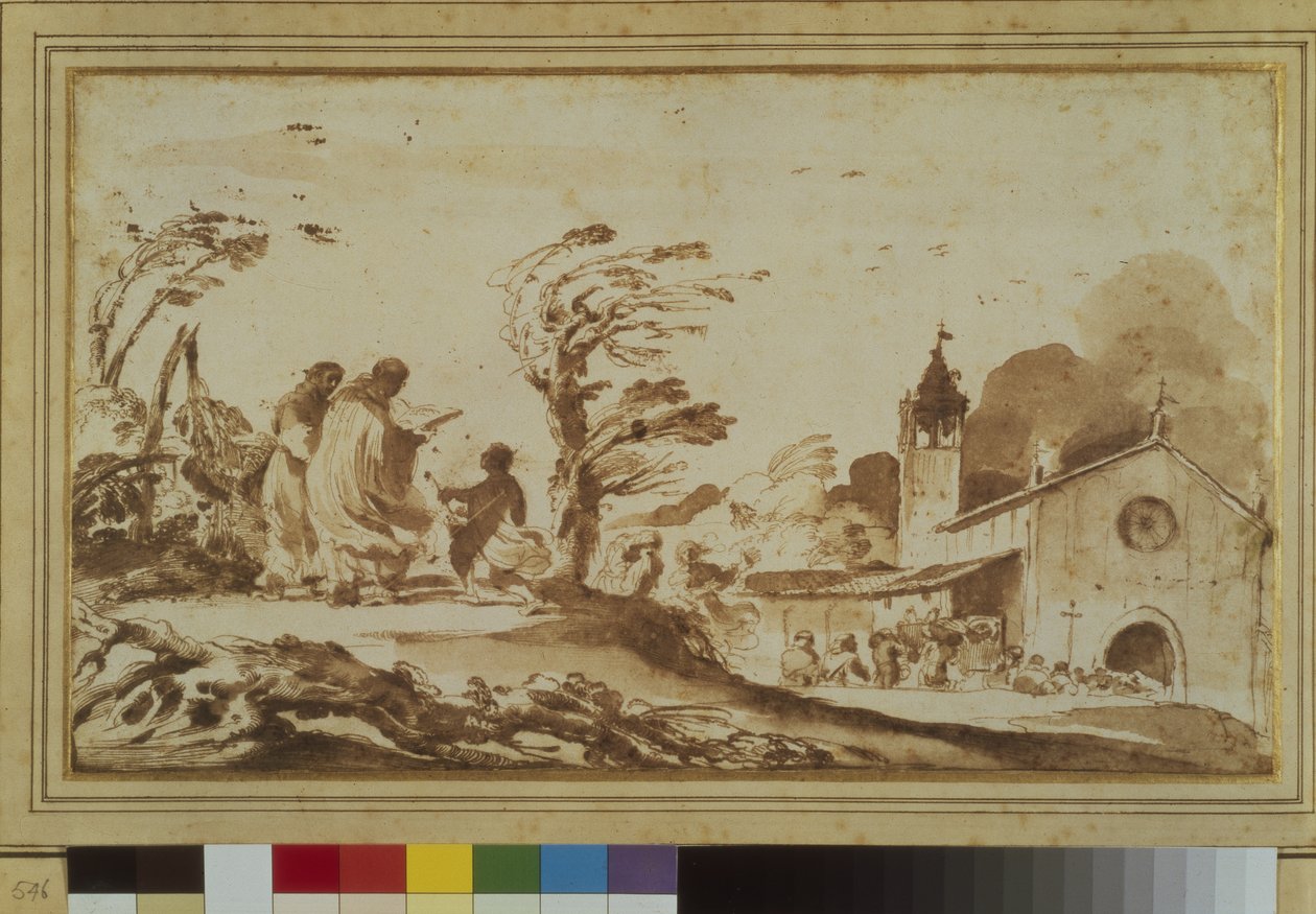 Pejzaż z postaciami przy kościele (pióro i tusz oraz pranie na papierze) autorstwa Guercino