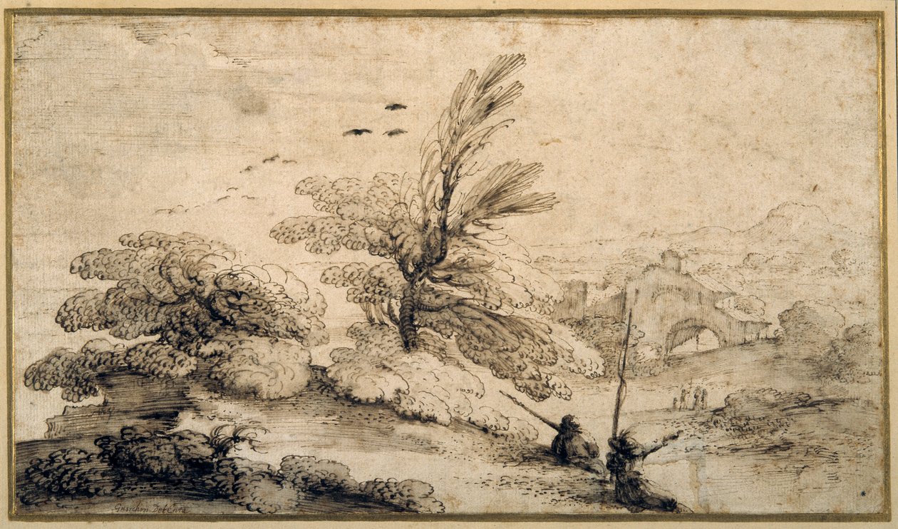 Krajobraz z dwoma odpoczywającymi rybakami (pióro i atrament na papierze) autorstwa Guercino