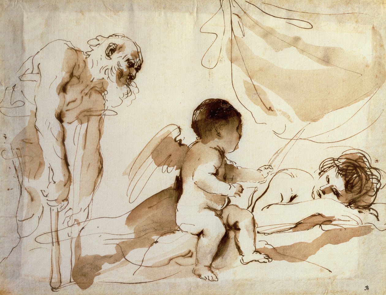 Człowiek o kulach, Kupidyn i śpiąca Wenus (pióro, tusz i pranie na papierze) autorstwa Guercino