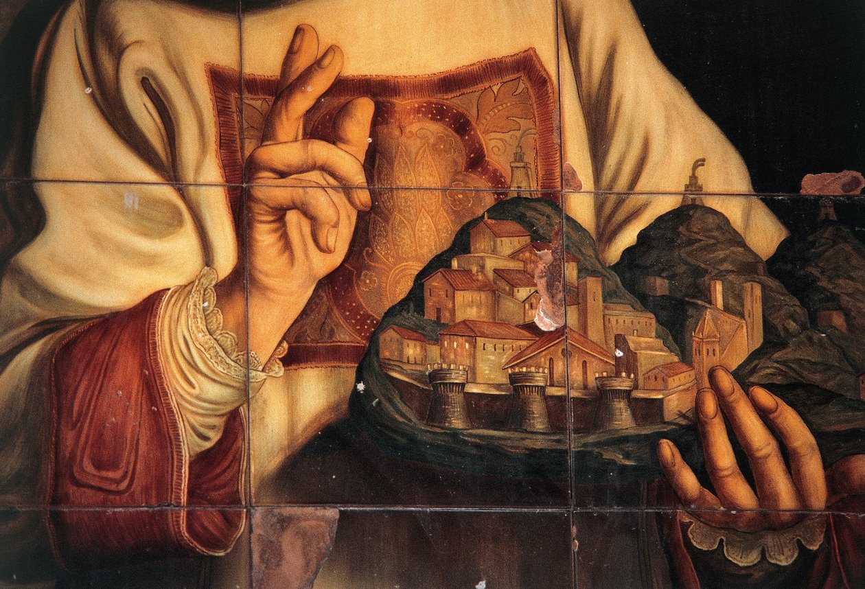 San Marino w akcie błogosławienia miasta, które trzyma w ręku, olej na płótnie, autorstwa Giovanniego Francesco Barbieri, zwanego Guercino (1591-1666), Sala Kongresowo-Audycyjna, Pałac Kongresowy, San Marino, Republika San Marino autorstwa Guercino