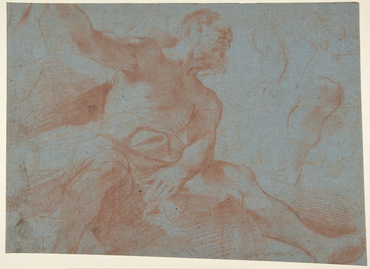 Siedzący starzec z podniesioną prawą ręką (Tithonus) (prosto) autorstwa Guercino