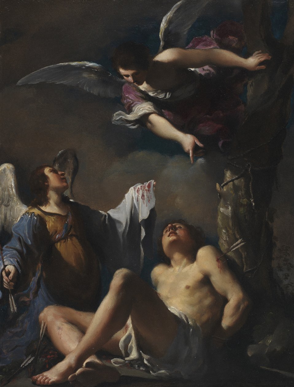 Św. Sebastian wspierany przez dwa anioły autorstwa Guercino