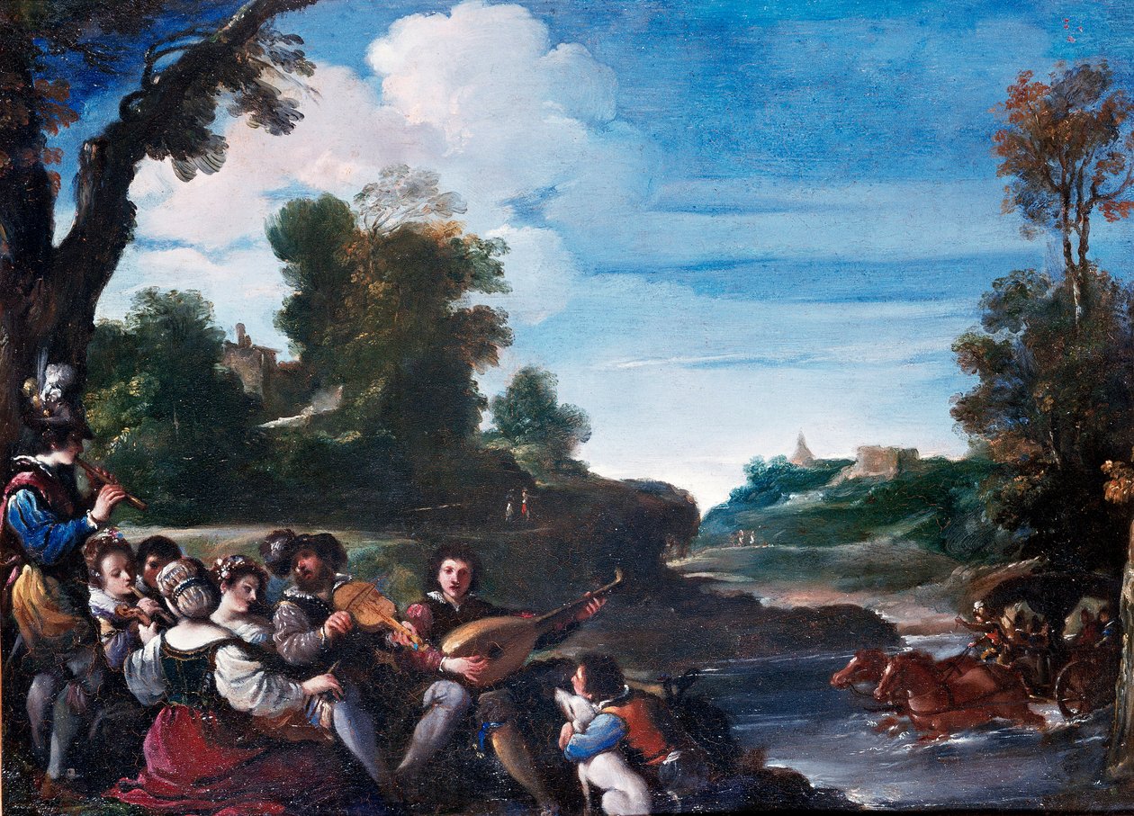Letni krajobraz przyjemności z koncertem. Obraz Giovanniego Francesco Barbieri Guerchin dit Il Guercino (1591-1666) XVII w. Niedz. 0,35x0,47 m Florencja, galeria Uffizi autorstwa Guercino