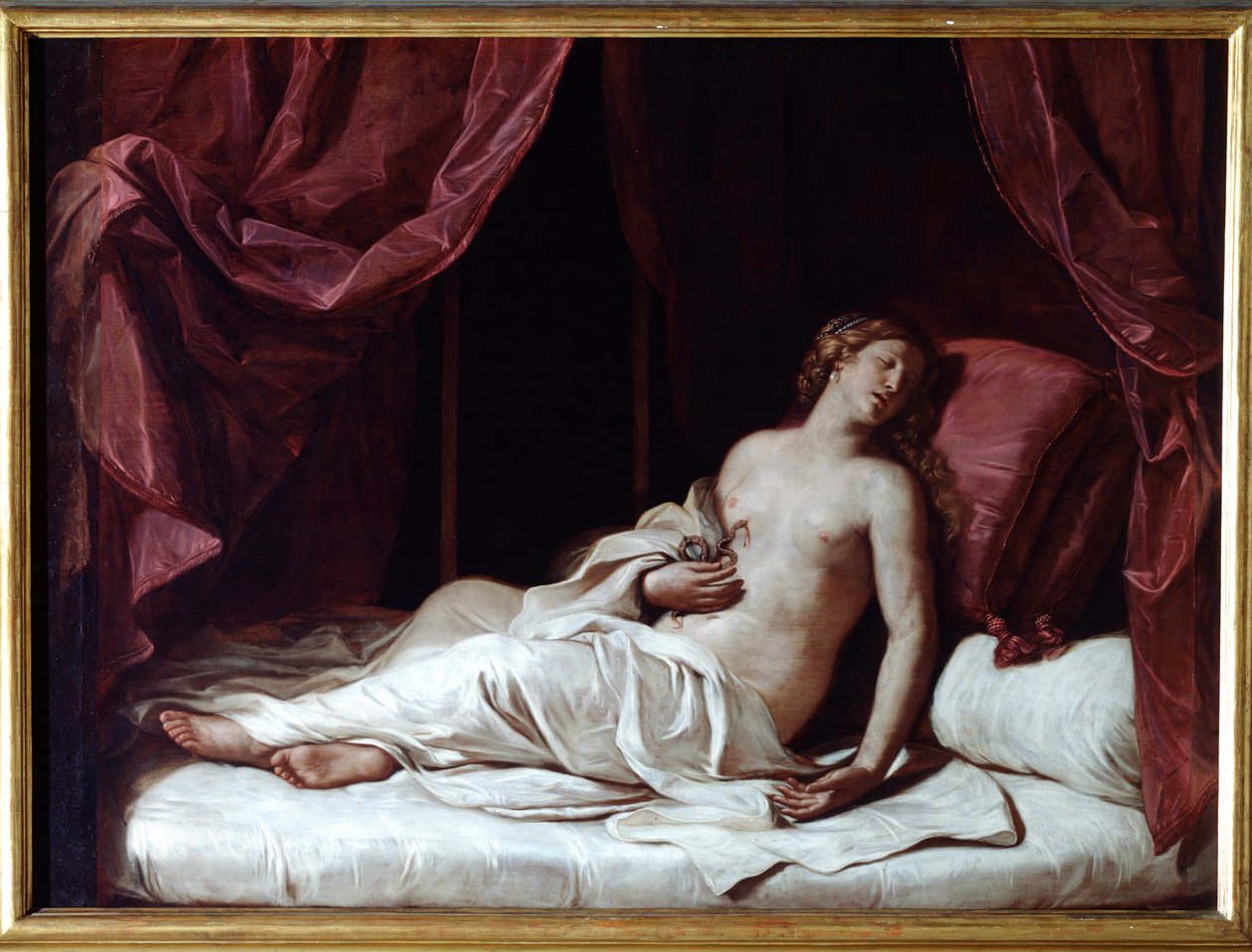 Śmierć królowej Kleopatry Samobójstwo Kleopatry VII Thea Philopator (69-30 pne), królowa starożytnego Egiptu - (śmierć królowej Kleopatry) Obraz Guercino (Giovan Francesco Barbieri) (Guerchin) (1591-1666) 1648 Dim 173x237 cm Geny, Musei di Strada autorstwa Guercino