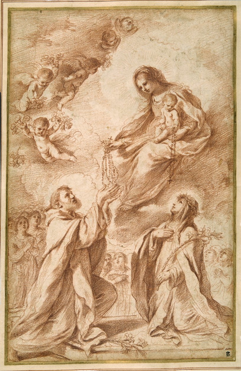 Madonna del Rosario ze św. Dominikiem i św. Katarzyną ze Sieny (czerwona kreda na papierze) autorstwa Guercino