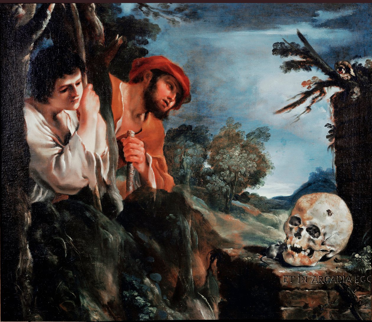 Pasterze Arcadia Men wokół grobowca na greckiej wyspie Peloponez. Obraz (Vanita) Giovanniego Francesco Barbieri Guerchin dit Il Guercino (1591-1666) 1618 wokół Rzymu, Galleria Corsini autorstwa Guercino