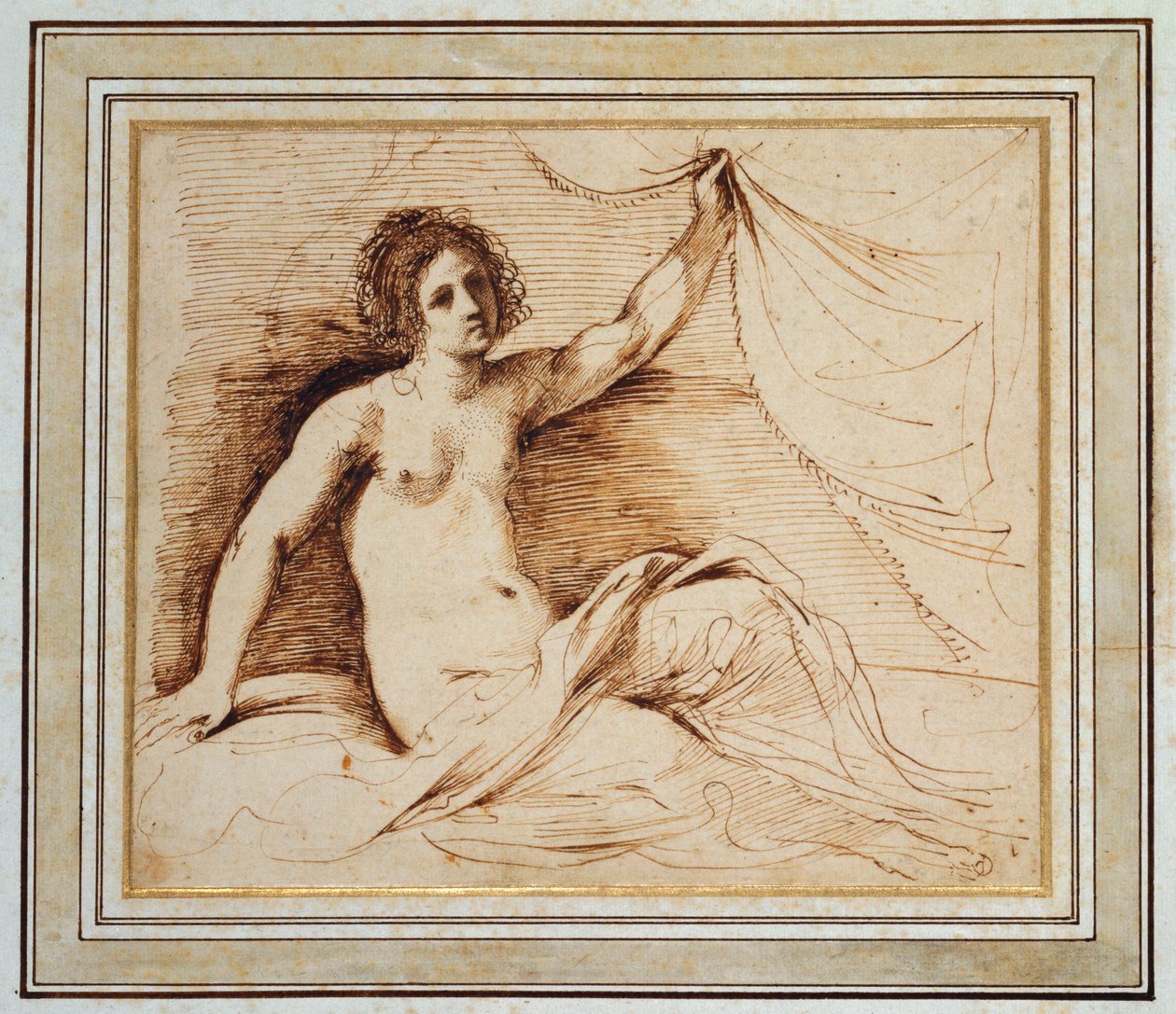 Leżąca naga kobieta podnosząca zasłonę autorstwa Guercino