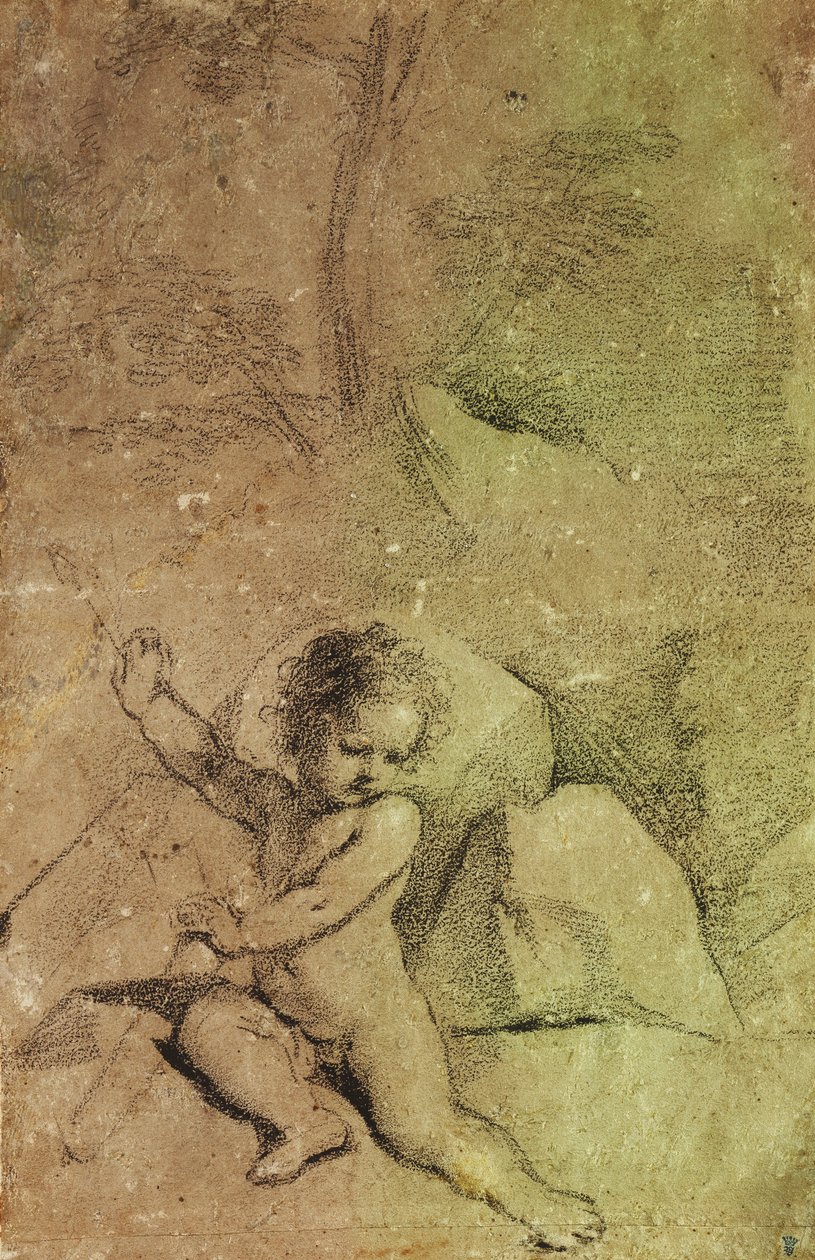 Amorek rysujący strzałę z kołczanu w krajobrazie, autorstwa Guercino