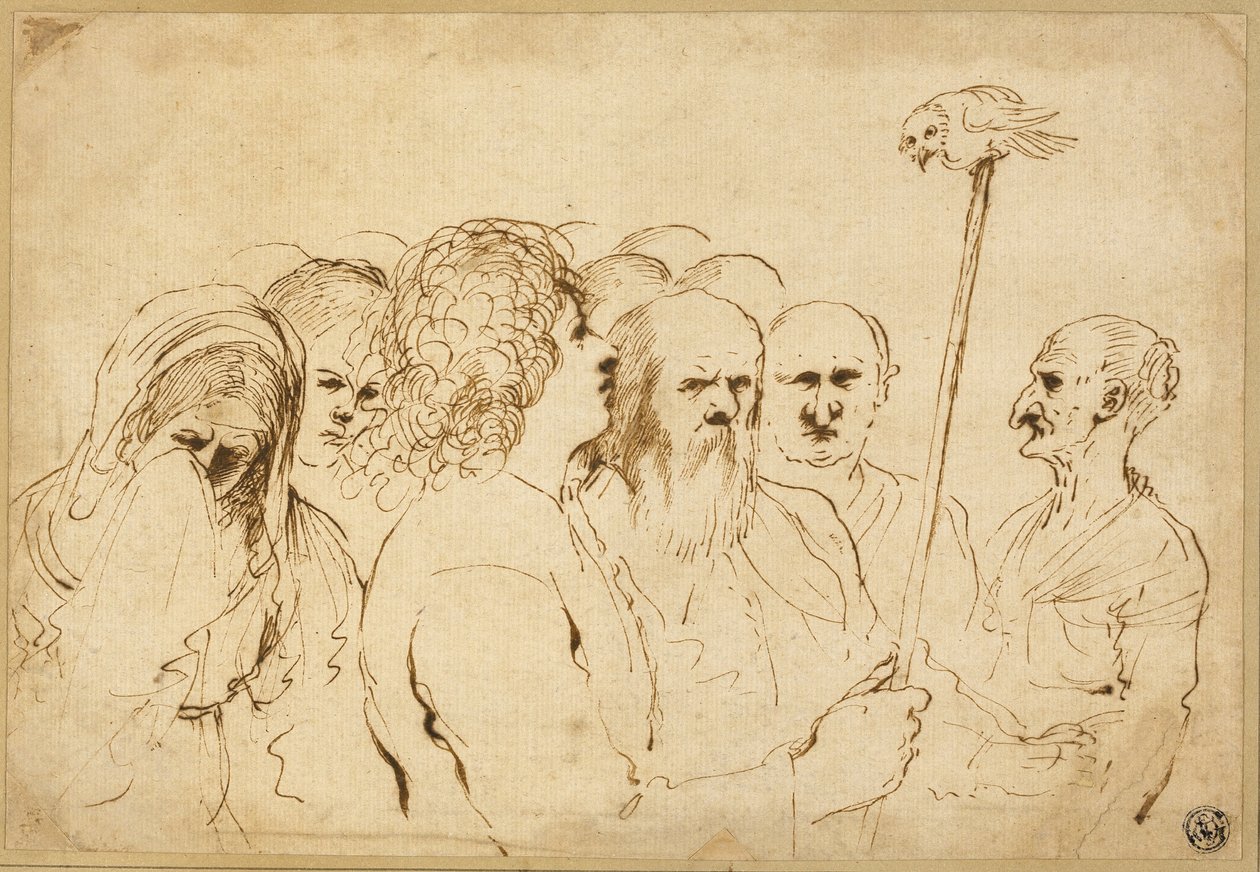Grupa figurek z sową na słupie autorstwa Guercino