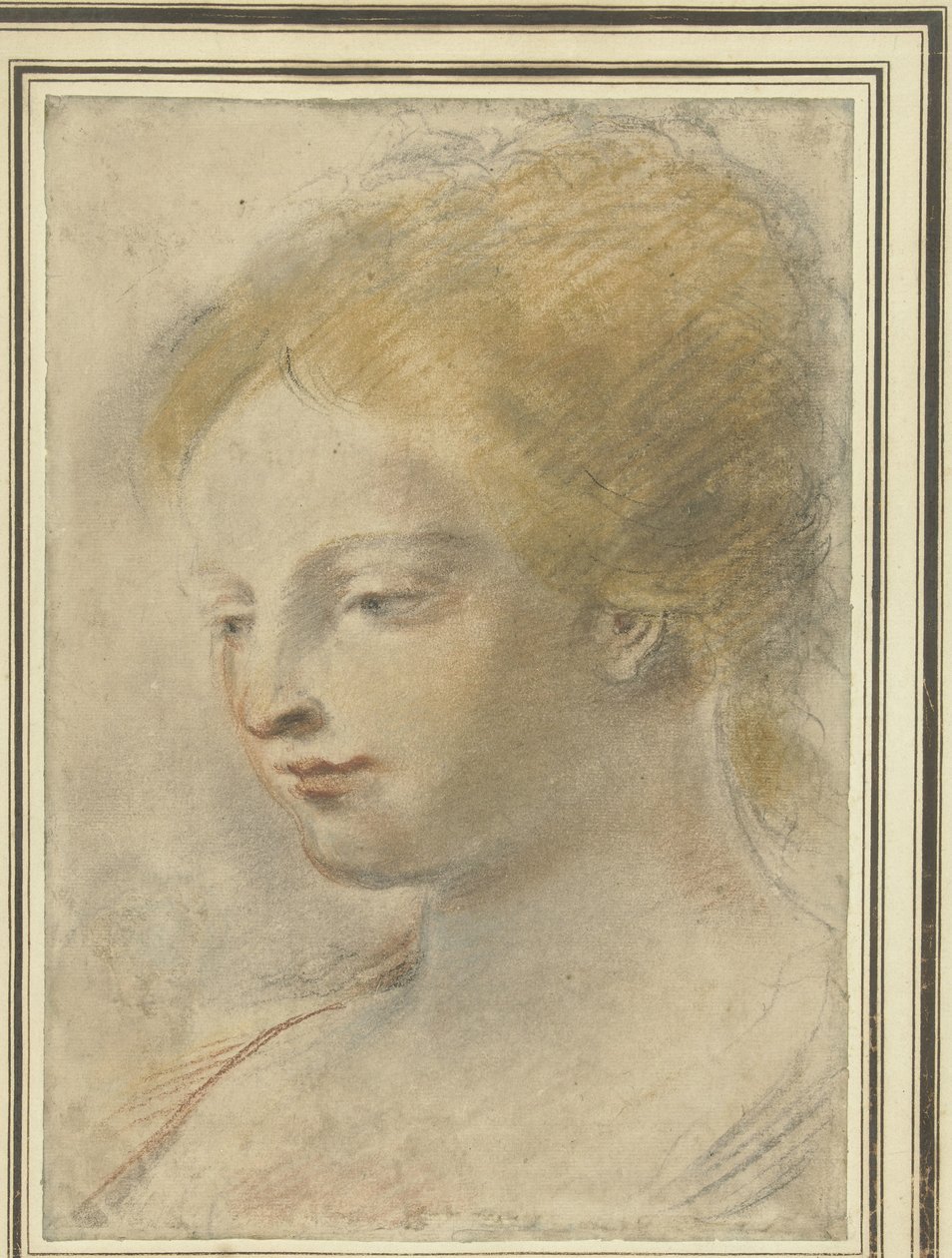 Głowa młodej kobiety ze spuszczonymi oczami autorstwa Guercino