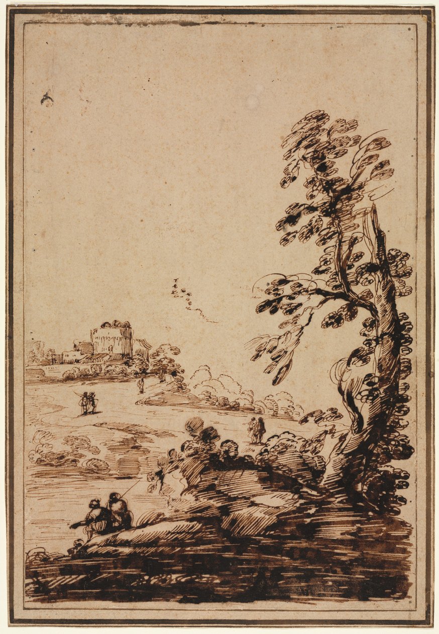 Krajobraz z małą grupą budynków, druga połowa XVIII wieku. autorstwa Guercino