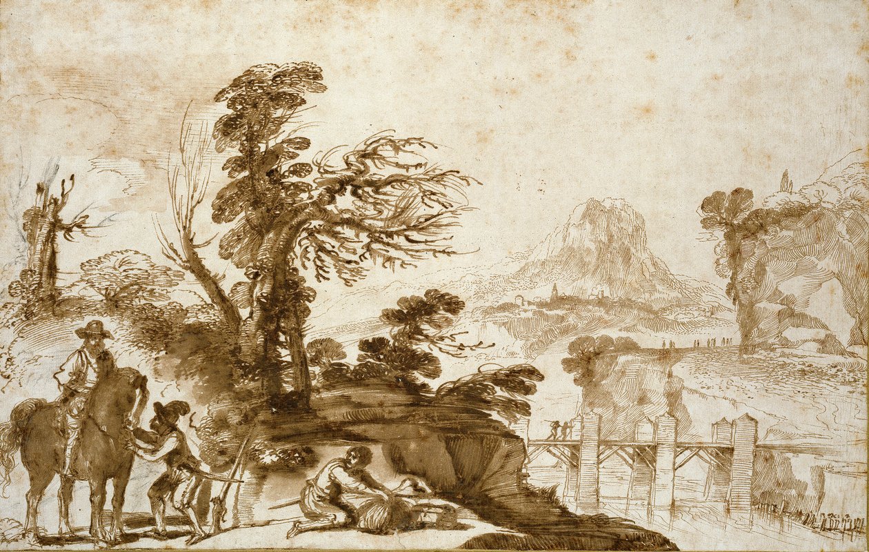 Krajobraz z jeźdźcem i mostem, początek XVII w. autorstwa Guercino