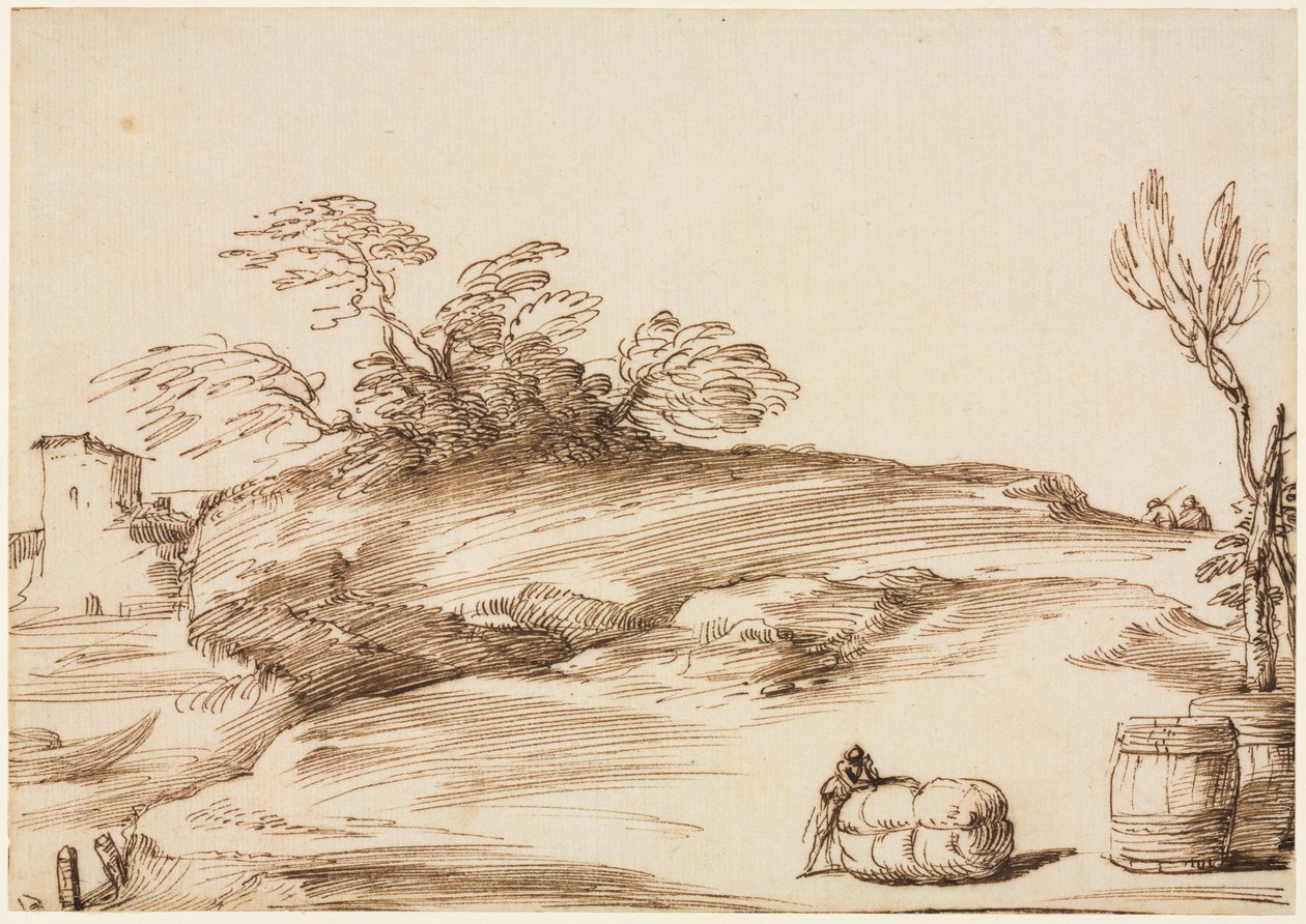 Krajobraz z mężczyzną opartym o belę autorstwa Guercino