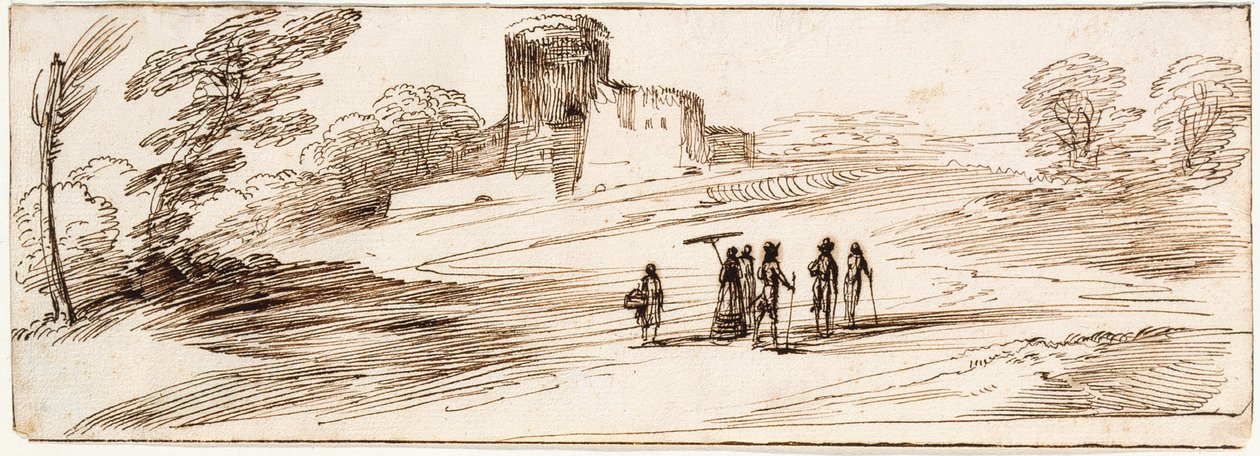 Pejzaż z zamkiem i postaciami autorstwa Guercino