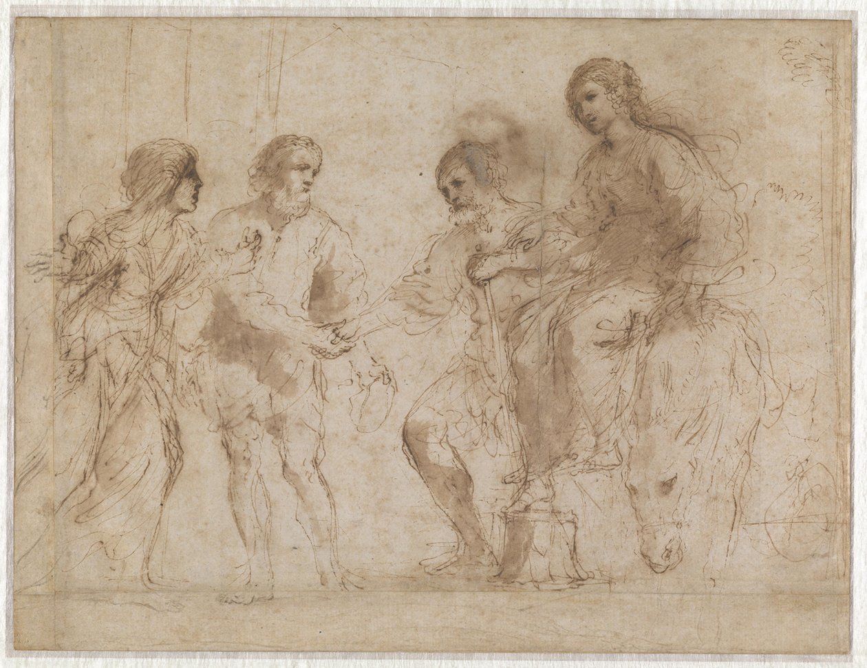 Spotkanie Marii i Józefa przed domem Elżbiety i Zachariasza (recto) Maria i Elżbieta u podnóża schodów (verso) autorstwa Guercino