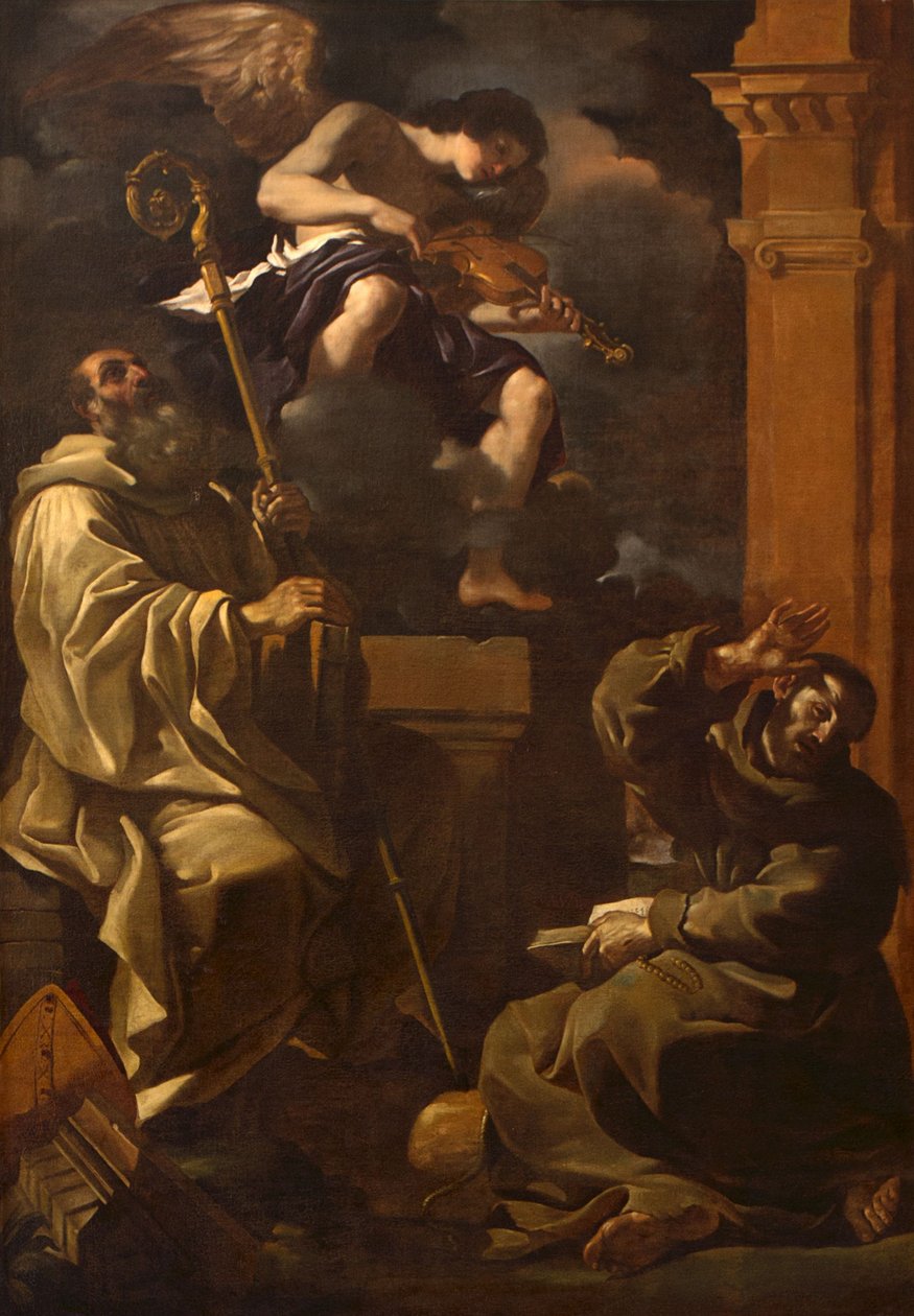 Św. Benedykt i św. Franciszek słuchają Anioła-muzyka. autorstwa Guercino