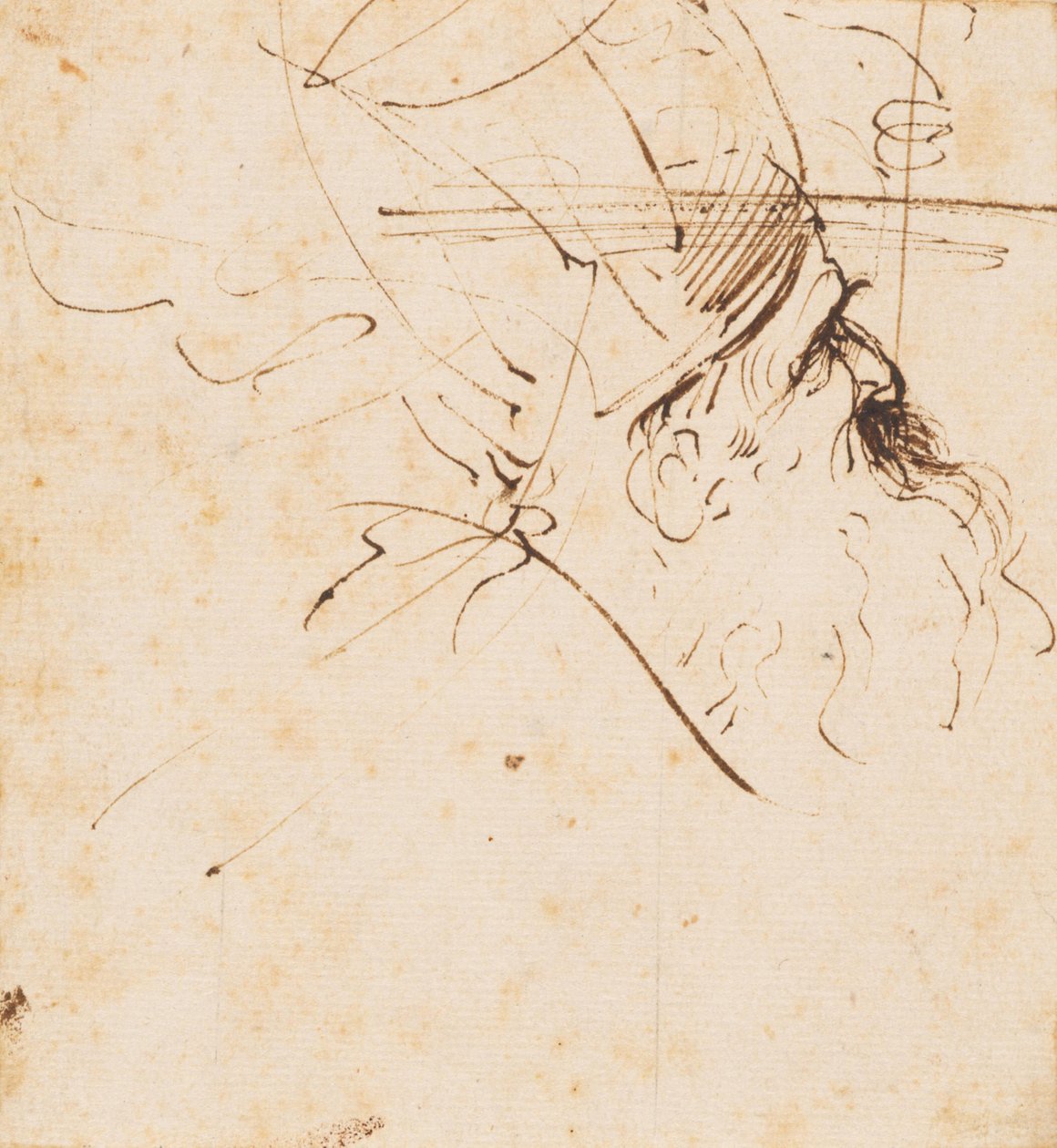 Szkic głowy duchownego w mitrze, patrzącego w górę w prawo autorstwa Guercino