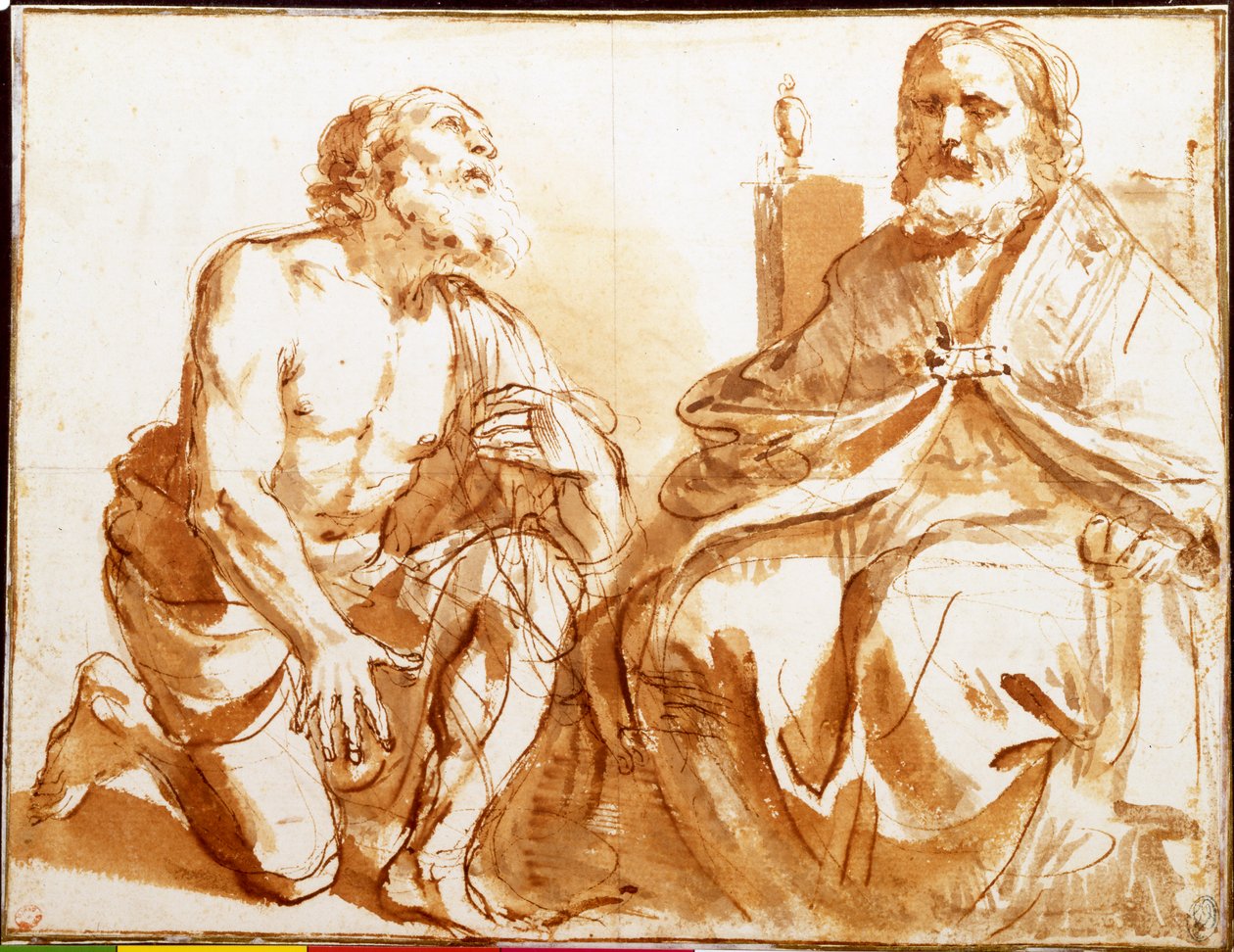 Siedzący biskup i klęczący Saint autorstwa Guercino