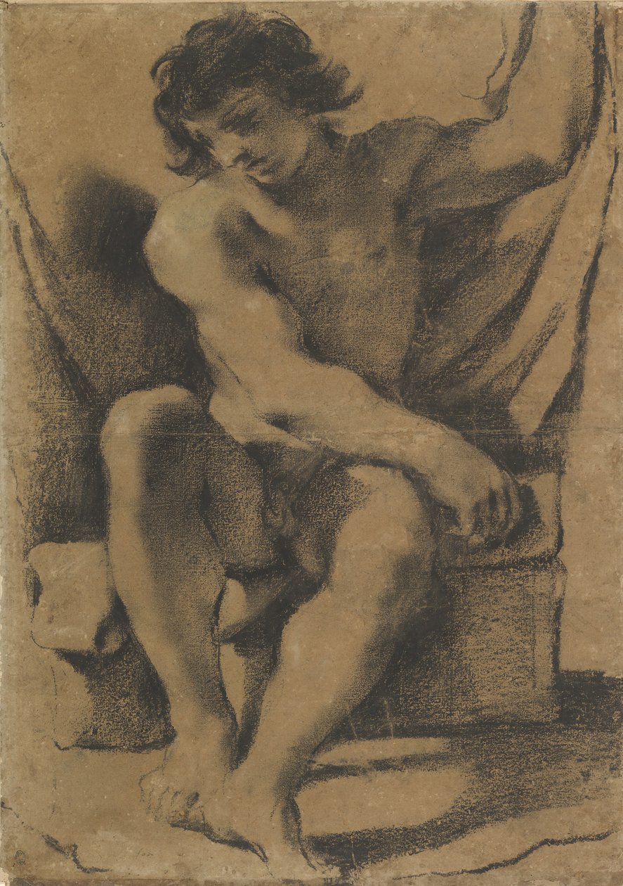 Siedzący nagi młody mężczyzna w prawie przednim widoku, ca. 1618. autorstwa Guercino