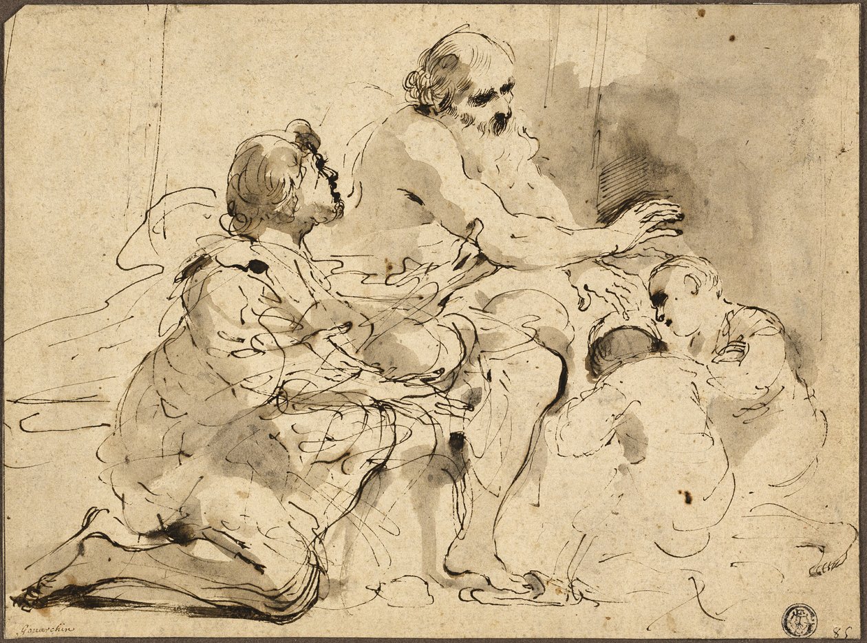 Studium dla Jakuba Błogosławiącego Synów Józefa (recto); Szkice: Święty Krzysztof; Dwie postacie w rozmowie o pieniądzach (verso) autorstwa Guercino
