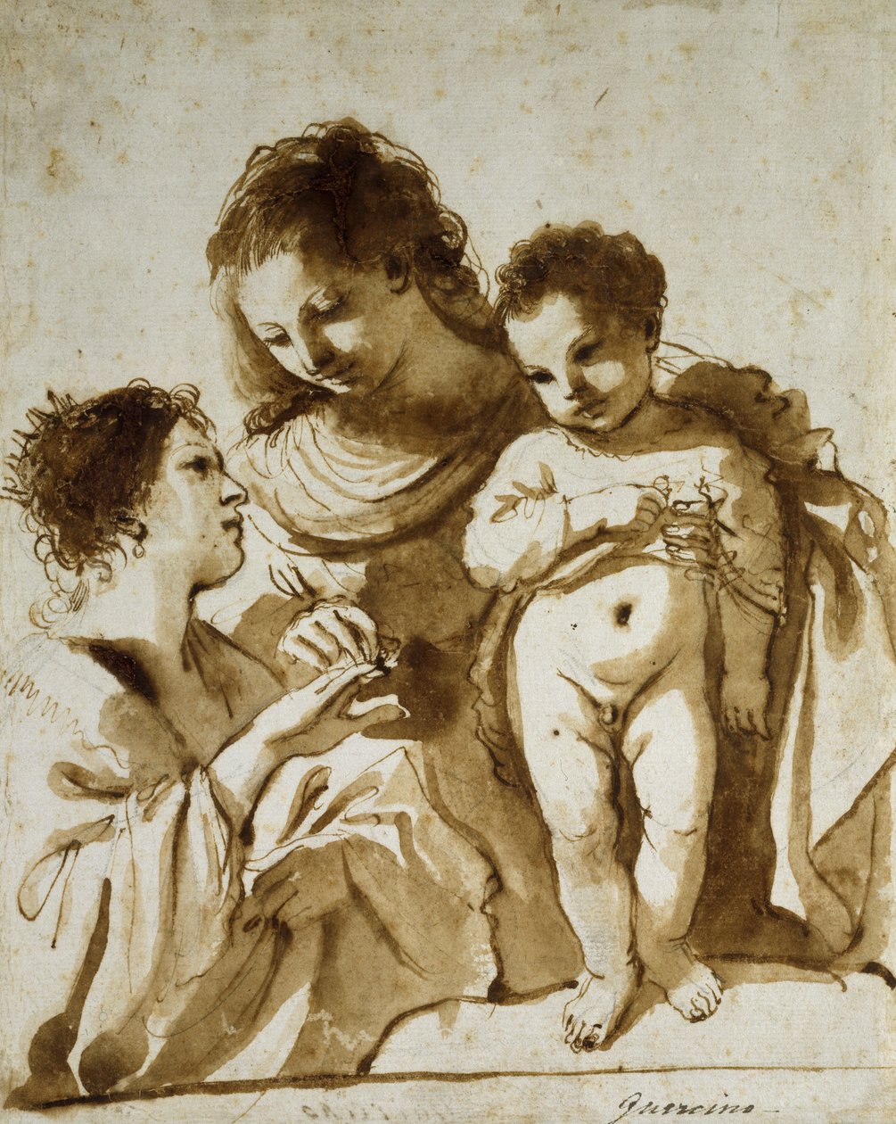 Katarzyny, 1618-19 (pióro i brązowy tusz, brązowy wash nad oznaczeniami czarną kredą na białym papierze) autorstwa Guercino