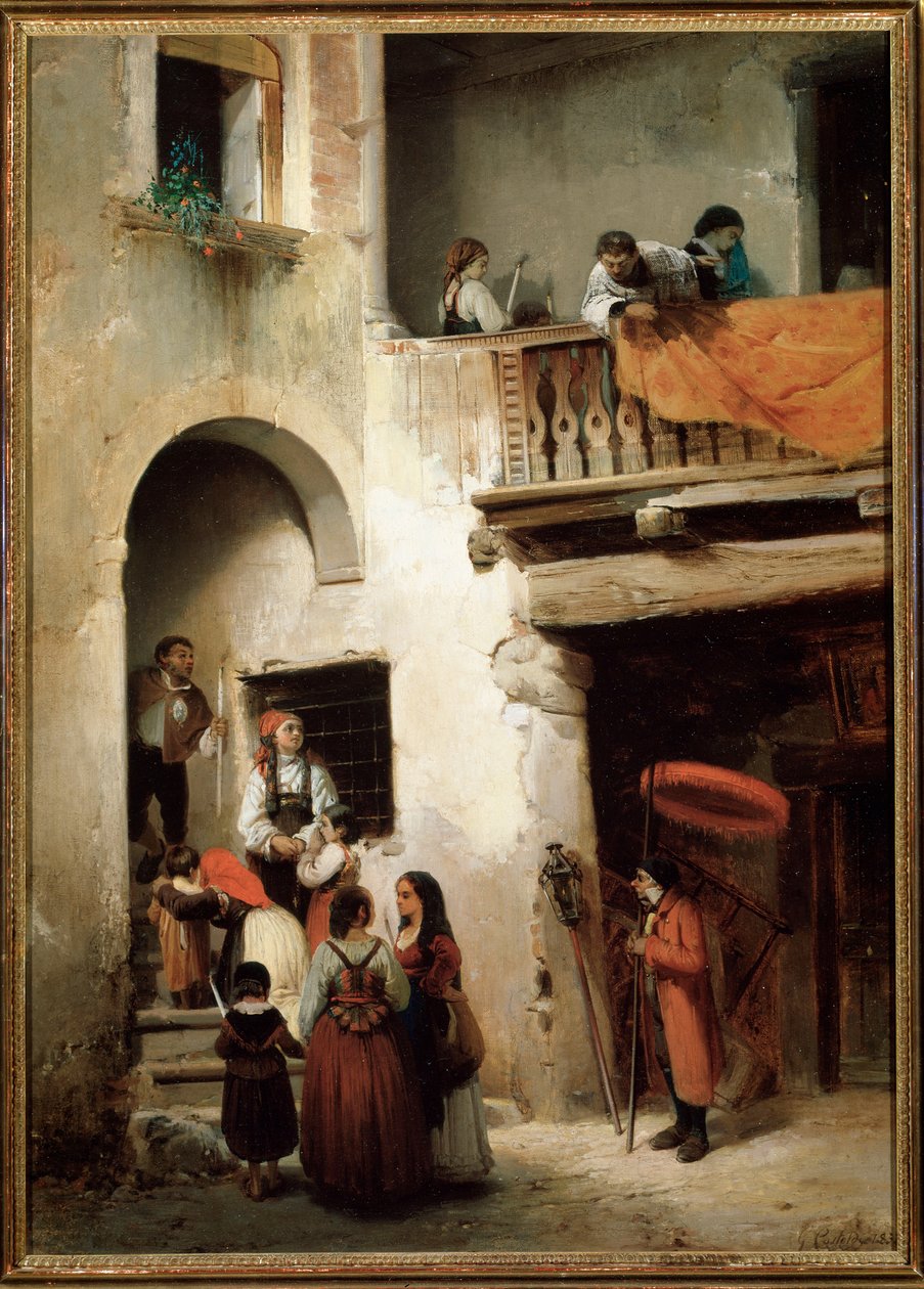 Ostatnie namaszczenie, rodzina czekająca przed domem umierającego człowieka Obraz Guglielmo Castoldi (1823-1882) 1858 Dim 89x64 cm Genes, Galleria d
