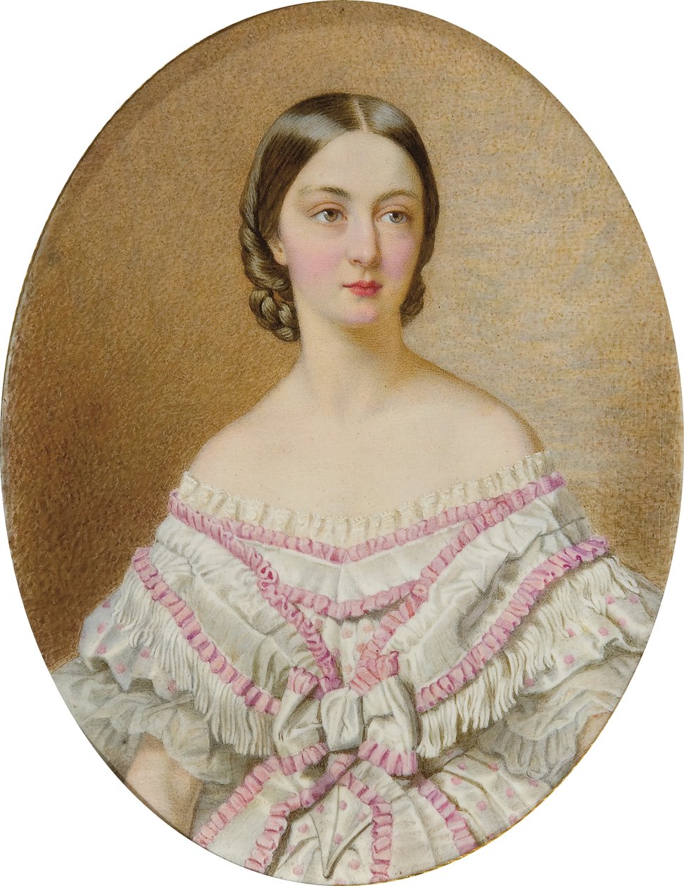 Portret Françoise, księżnej Chartres (1844-1925) w białej sukni i szalu z różowymi ulami; autorstwa Guglielmo Faija