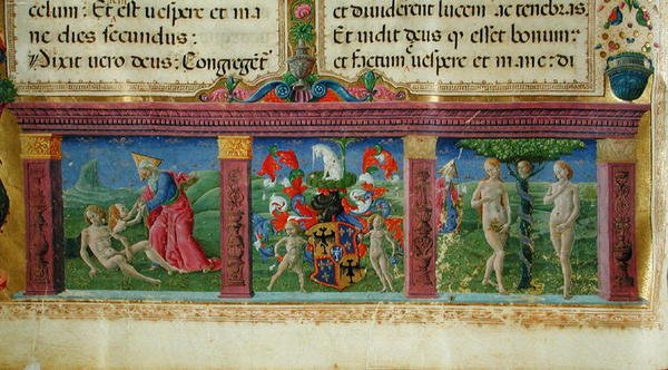 Stworzenie i kuszenie Adama i Ewy z herbem rodu Este, z Biblii Chartreux autorstwa Guglielmo Giraldi