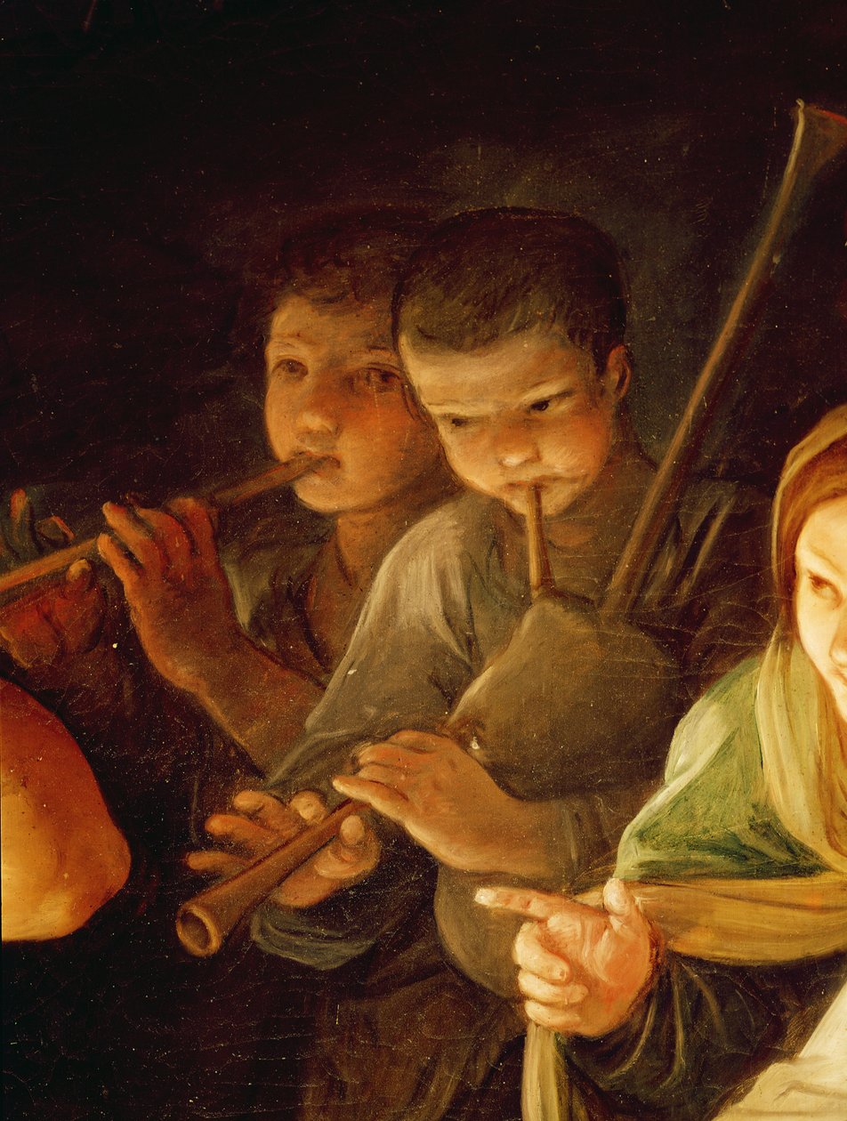 W tle Adoracja pasterzy fragment młodych muzyków, 1642 olej na płótnie autorstwa Guido Reni
