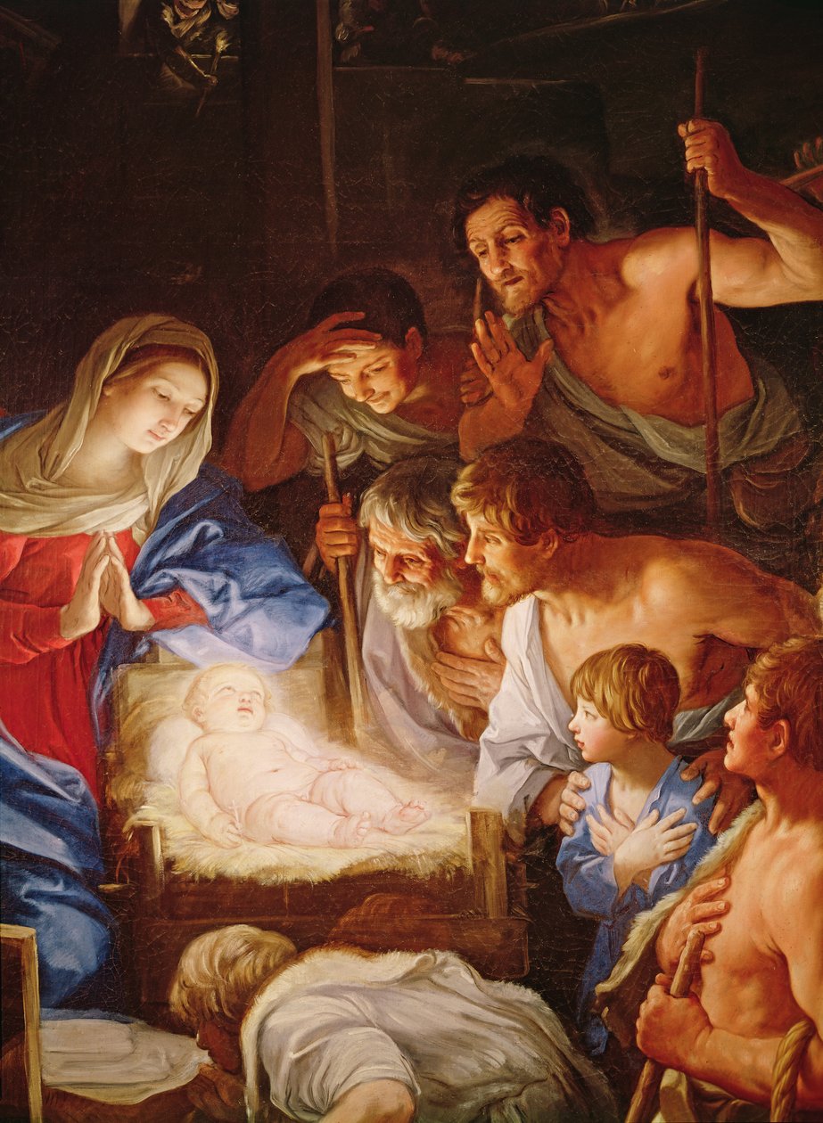 Adoracja pasterzy, szczegół grupy otaczającej Jezusa autorstwa Guido Reni