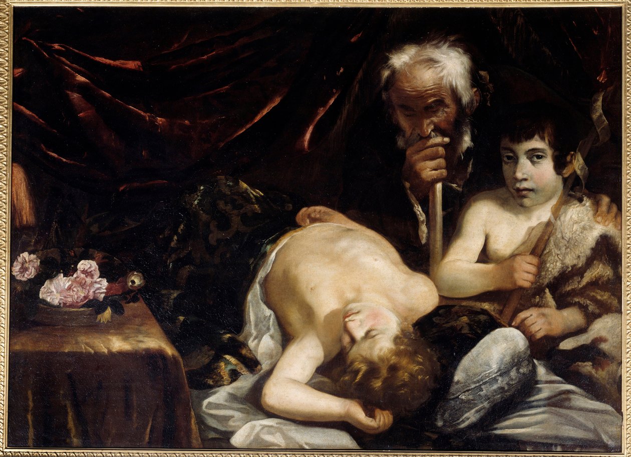 Śpiące Dzieciątko Jezus ze św. Janem Chrzcicielem i św. Józefem Obraz Guido Cagnacciego (1601-1681). 1630-1640. Rozmiar 0,94x1,31 m Chantilly, Muzeum Conde autorstwa Guido Cagnacci