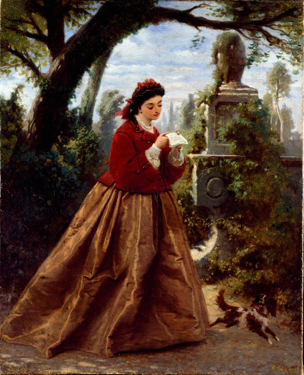 List Młoda kobieta czytająca list prawdopodobnie miłosny, w romantycznym krajobrazie. Obraz Guido Gonina (1833-1906) 1868 Geny, Galleria d