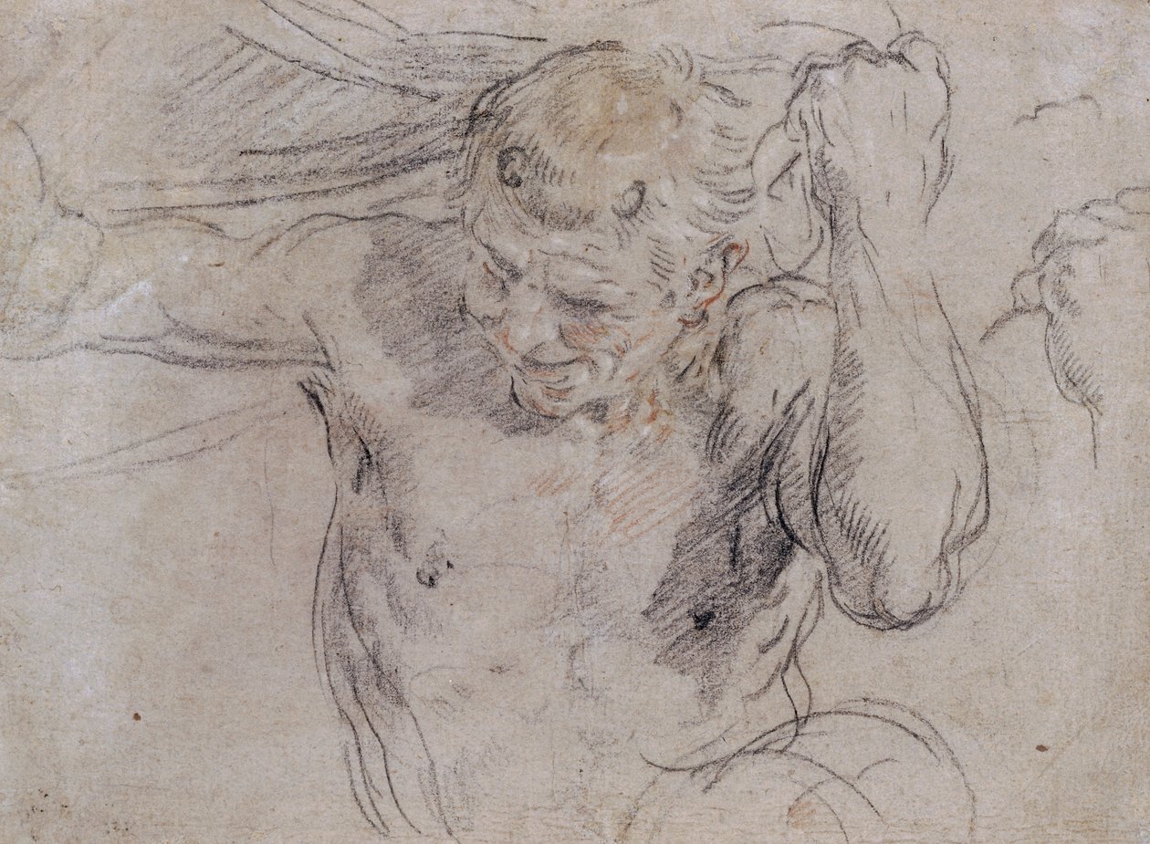 Satyr podnoszący draperię i pomocnicze badanie jego lewej ręki autorstwa Guido Reni