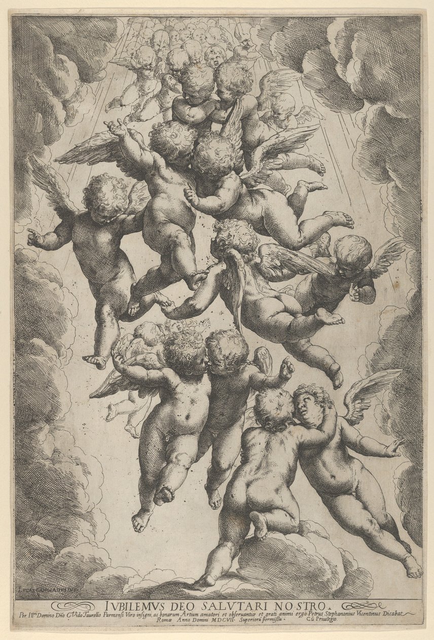Grupa aniołów obejmująca się w locie, otoczona chmurami, ca. 1607., ok. 1607 r. 1607. autorstwa Guido Reni