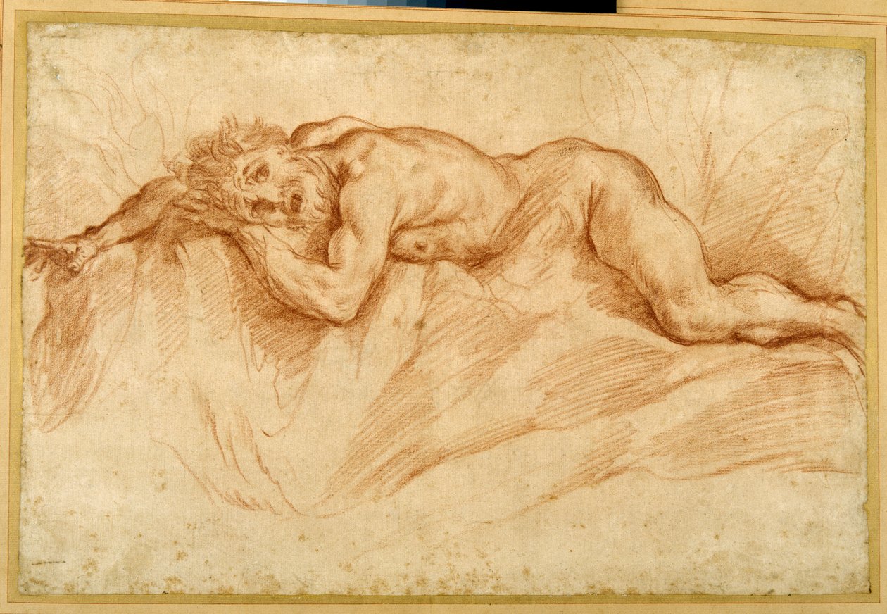 Przerażony nagi mężczyzna, leżący na kamienistej ziemi (czerwona kreda na papierze) autorstwa Guido Reni